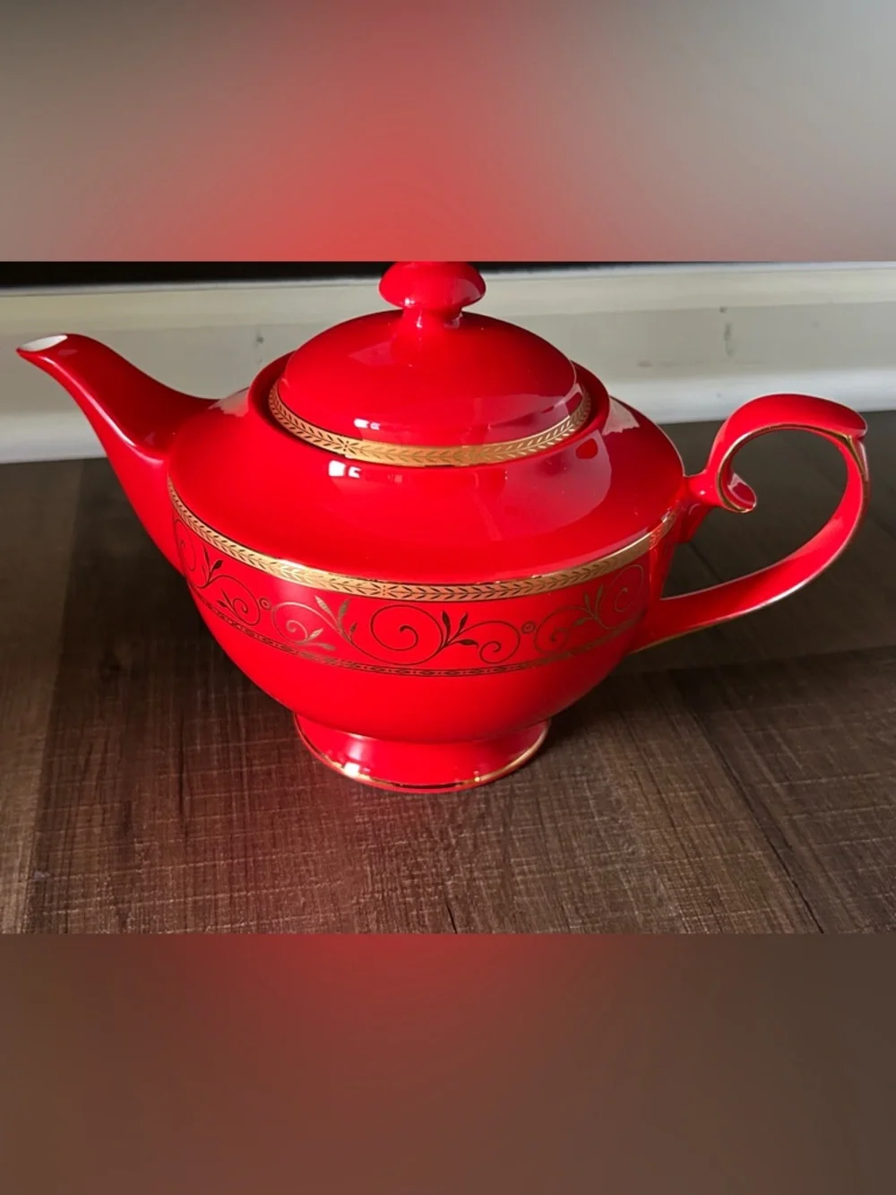 Teavana Ruby Filigree Teapot Fine Bone China Gold Scrollwork Discontinued